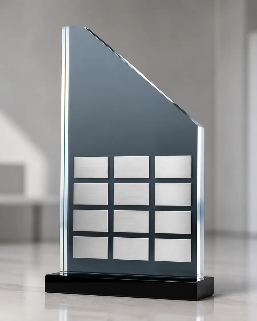 A wedge shaped glass perpetual award on a black base, carrying twelve blank name plates in four rows