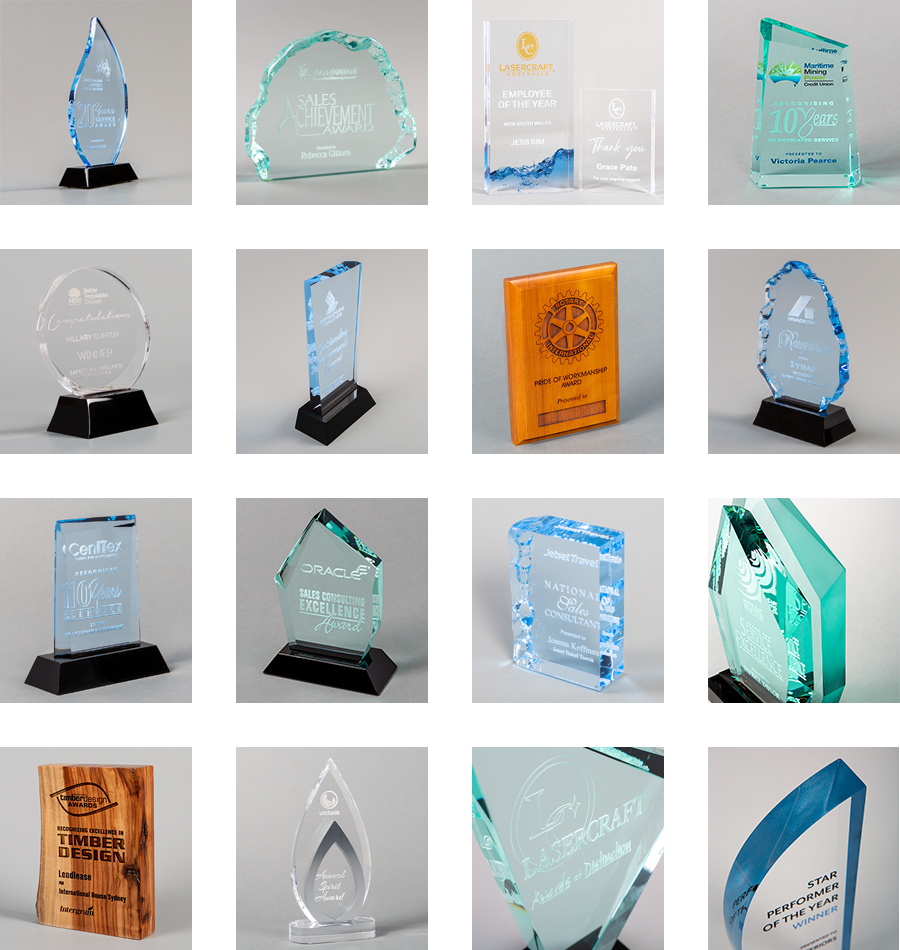 collage of acrylic recognition awards and timber service award plaques - Lasercraft Australia - Corporate Recognition Awards and Trophies, Manufacturing Services, Disability Services, Supported Employment, Community Access Programs, Transport Programs.